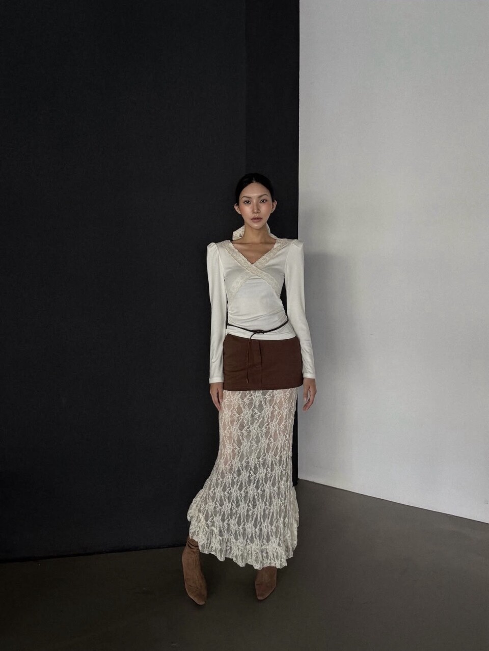 拼接高腰蕾絲裙-2