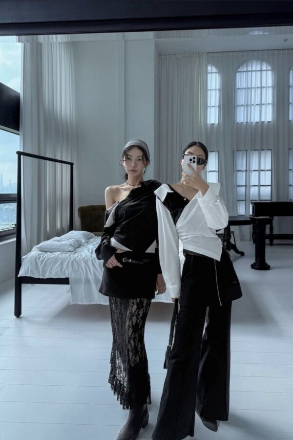 拼接翻領系扣長袖襯衫