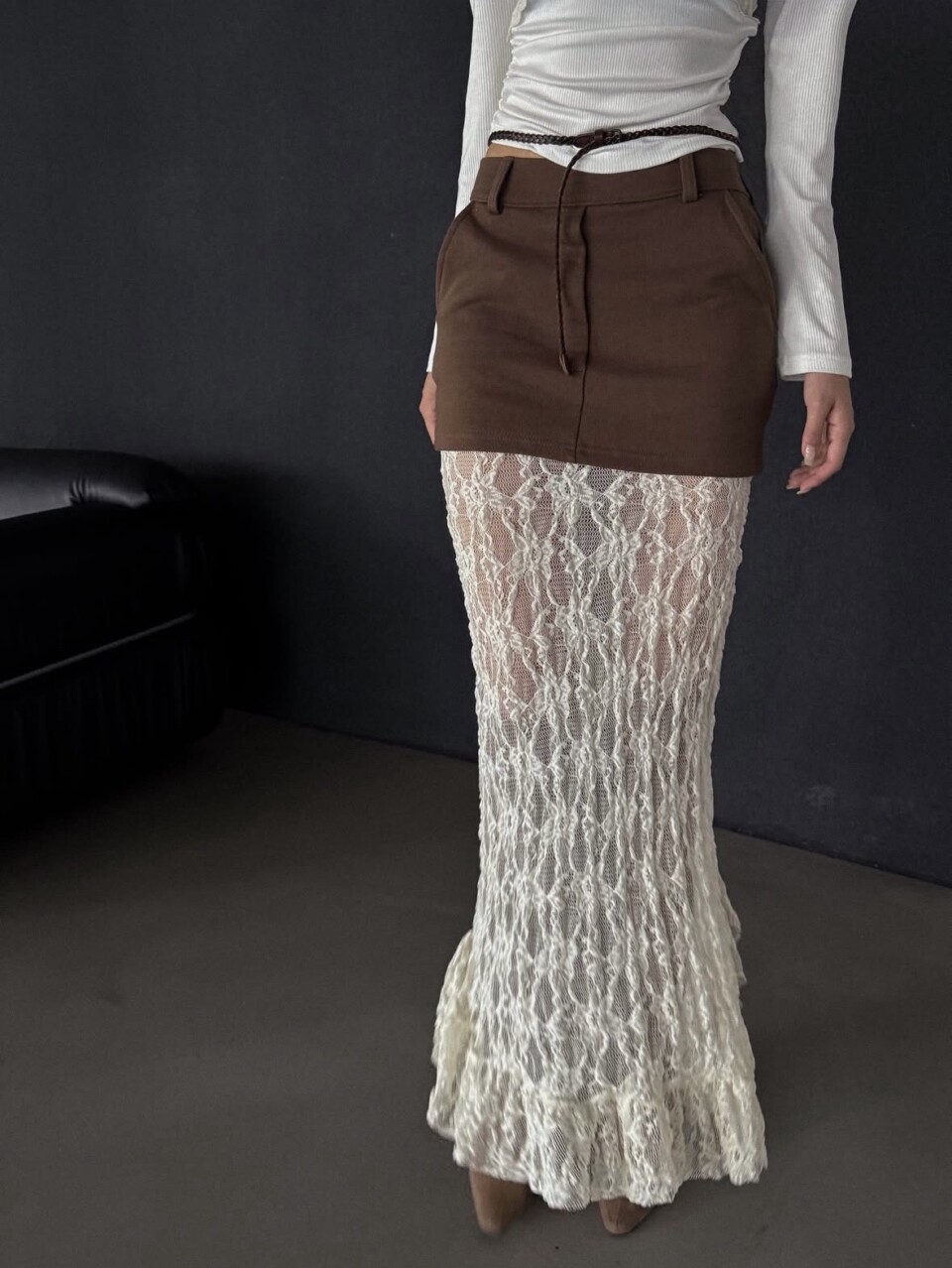 拼接高腰蕾絲裙-3