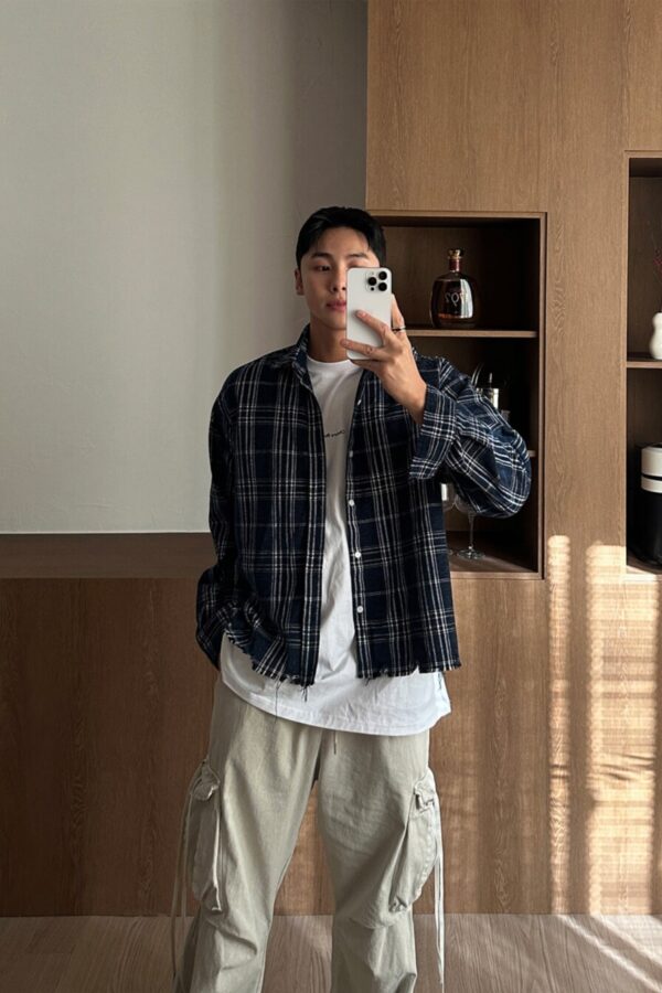 復古格子撕裂襯衫-1