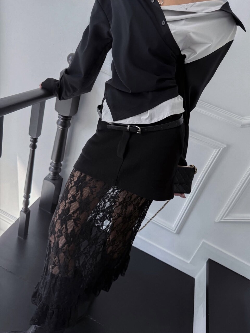 拼接高腰蕾絲裙-5