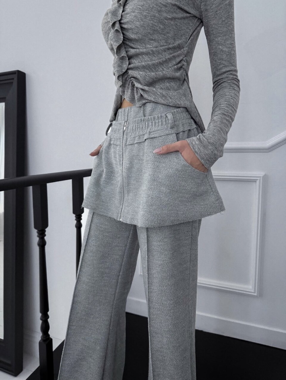 拉鍊腰封鬆緊腰壓線休閒褲-3