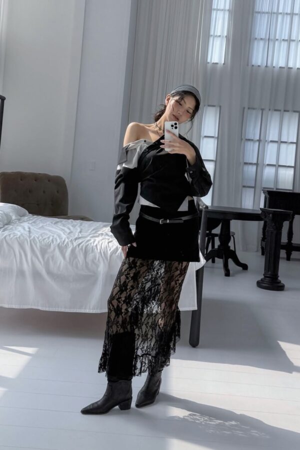 拼接翻領系扣長袖襯衫-1