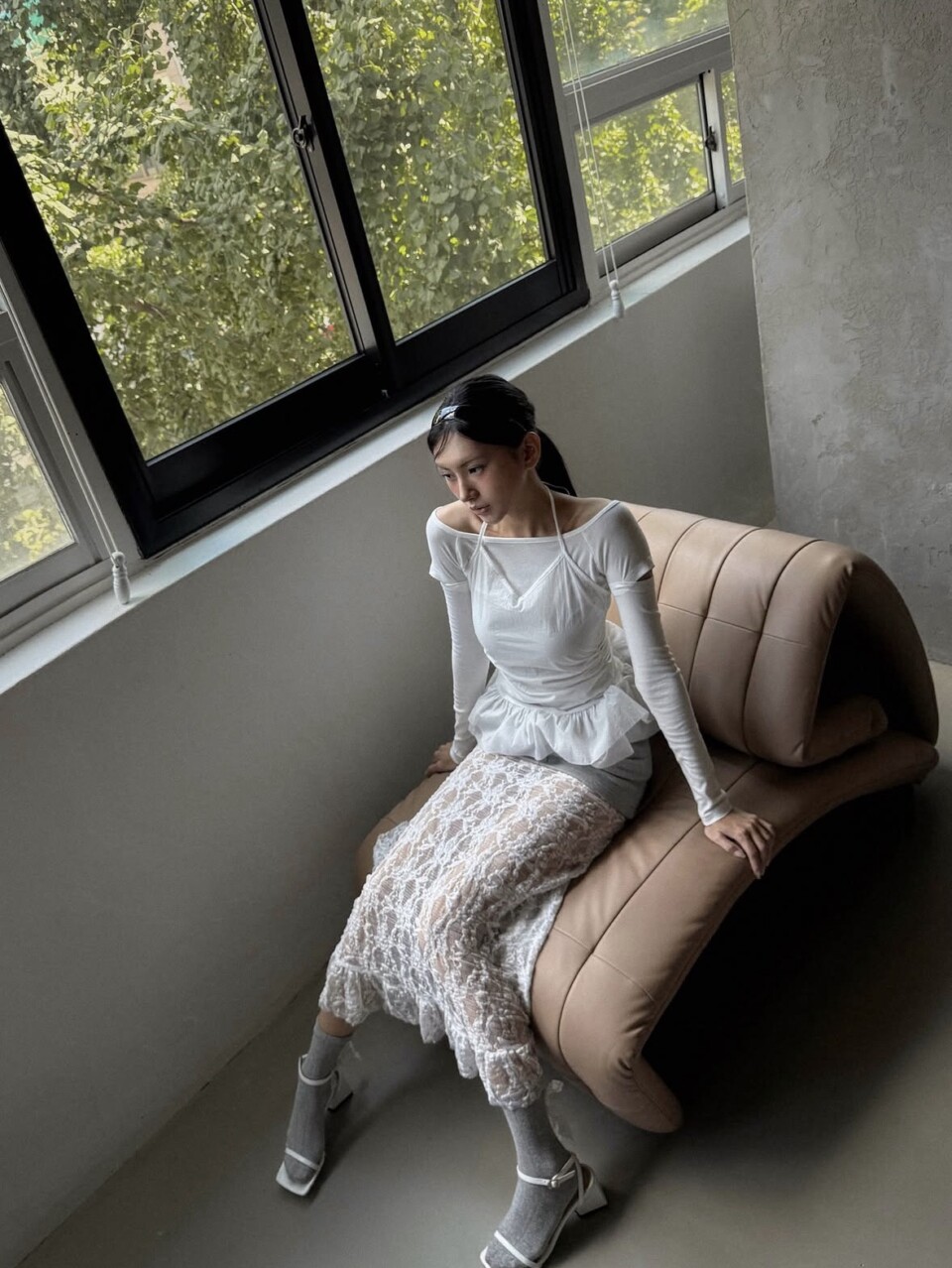 拼接高腰蕾絲裙