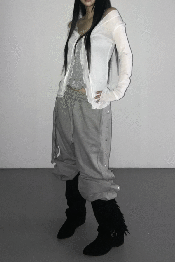 荷葉邊微透薄款開襟衫-1