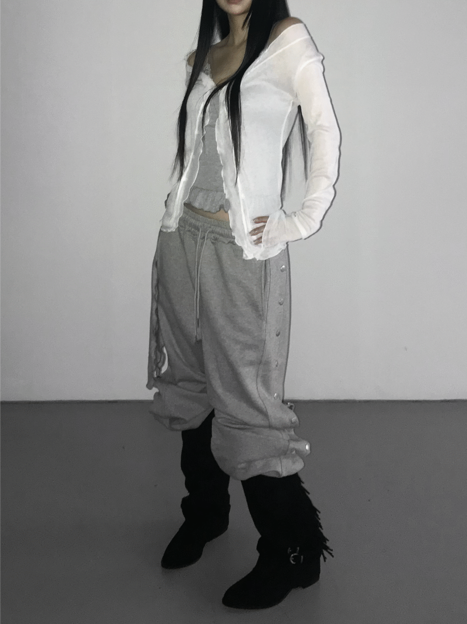 荷葉邊微透薄款開襟衫-1