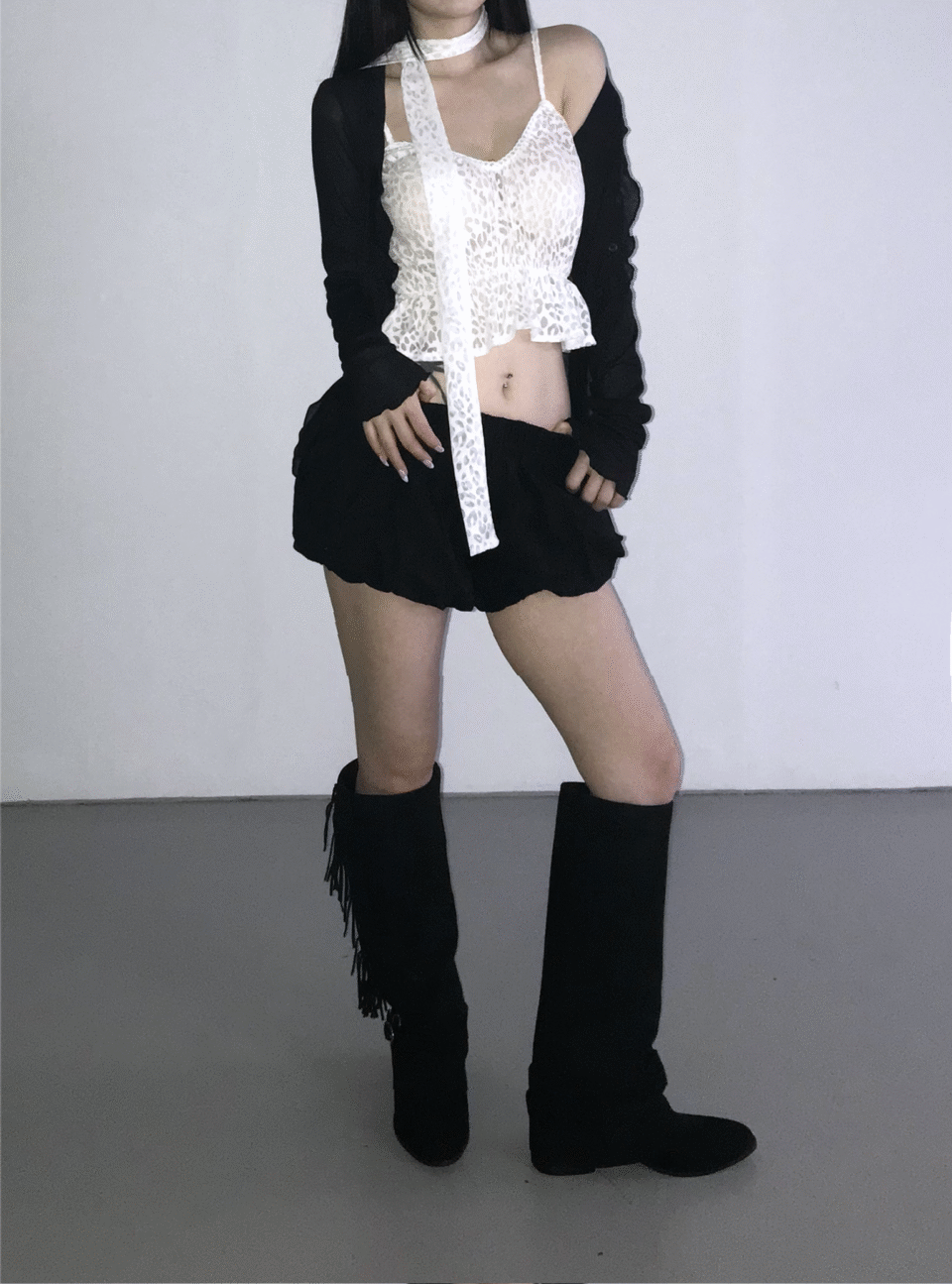 荷葉邊微透薄款開襟衫-2