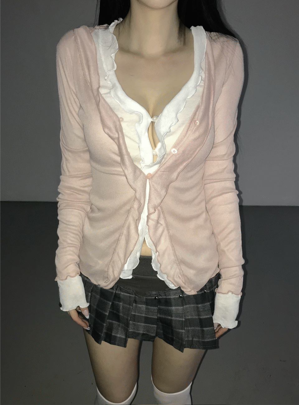 荷葉邊微透薄款開襟衫-5