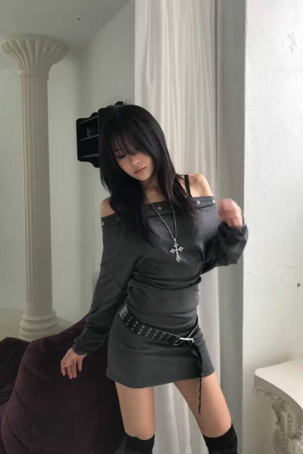 鉚釘露肩性感連洋裝-1