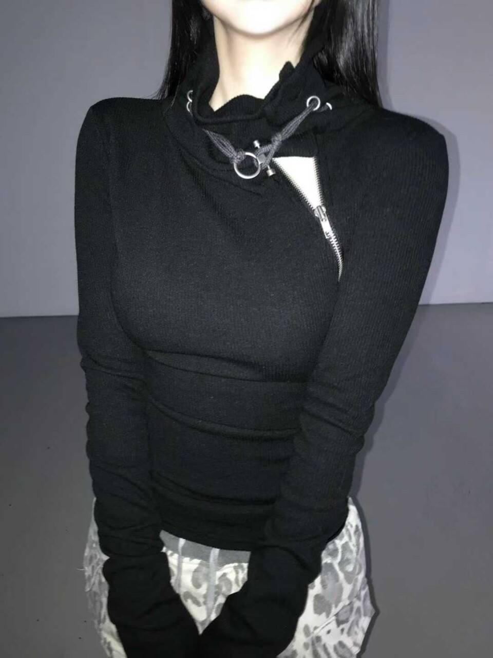 羅紋高領拉鍊T恤-4