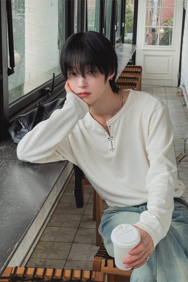 針織掛扣亨利領長袖