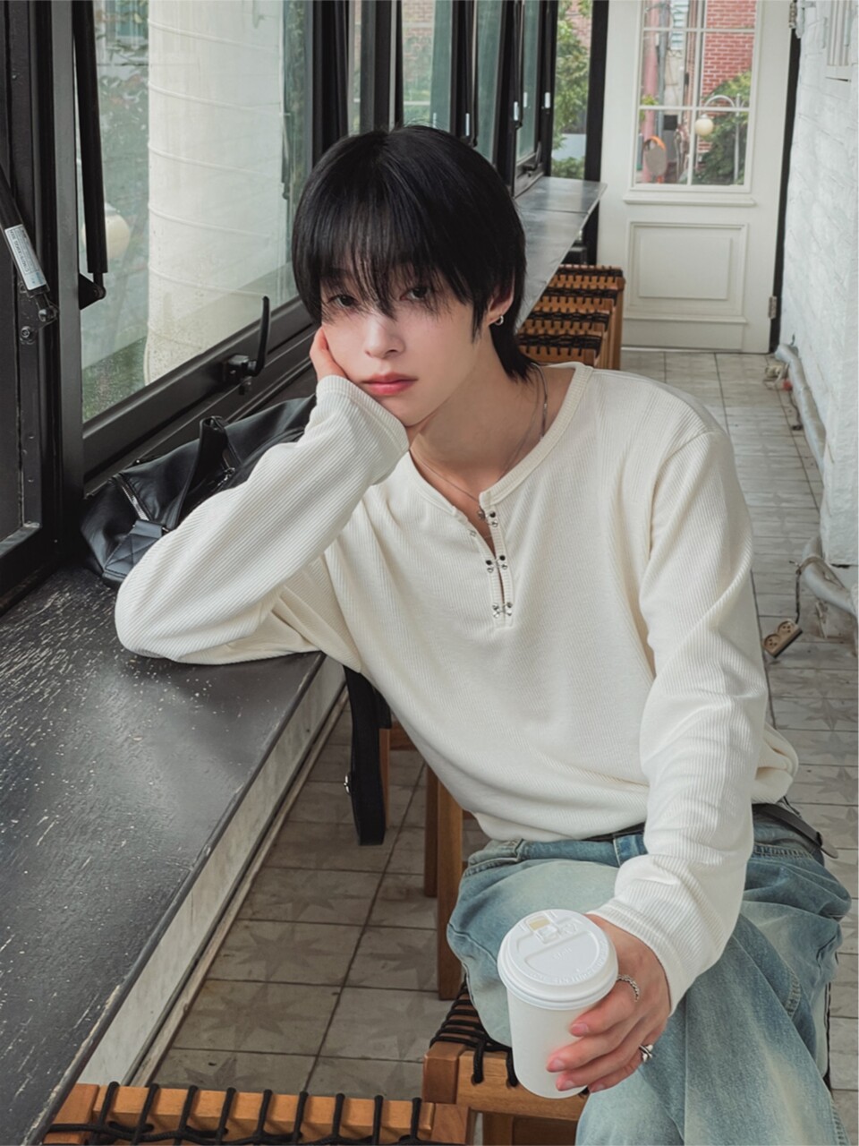 針織掛扣亨利領長袖