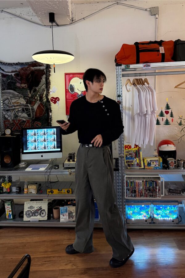 寬松按扣直筒闊腿褲