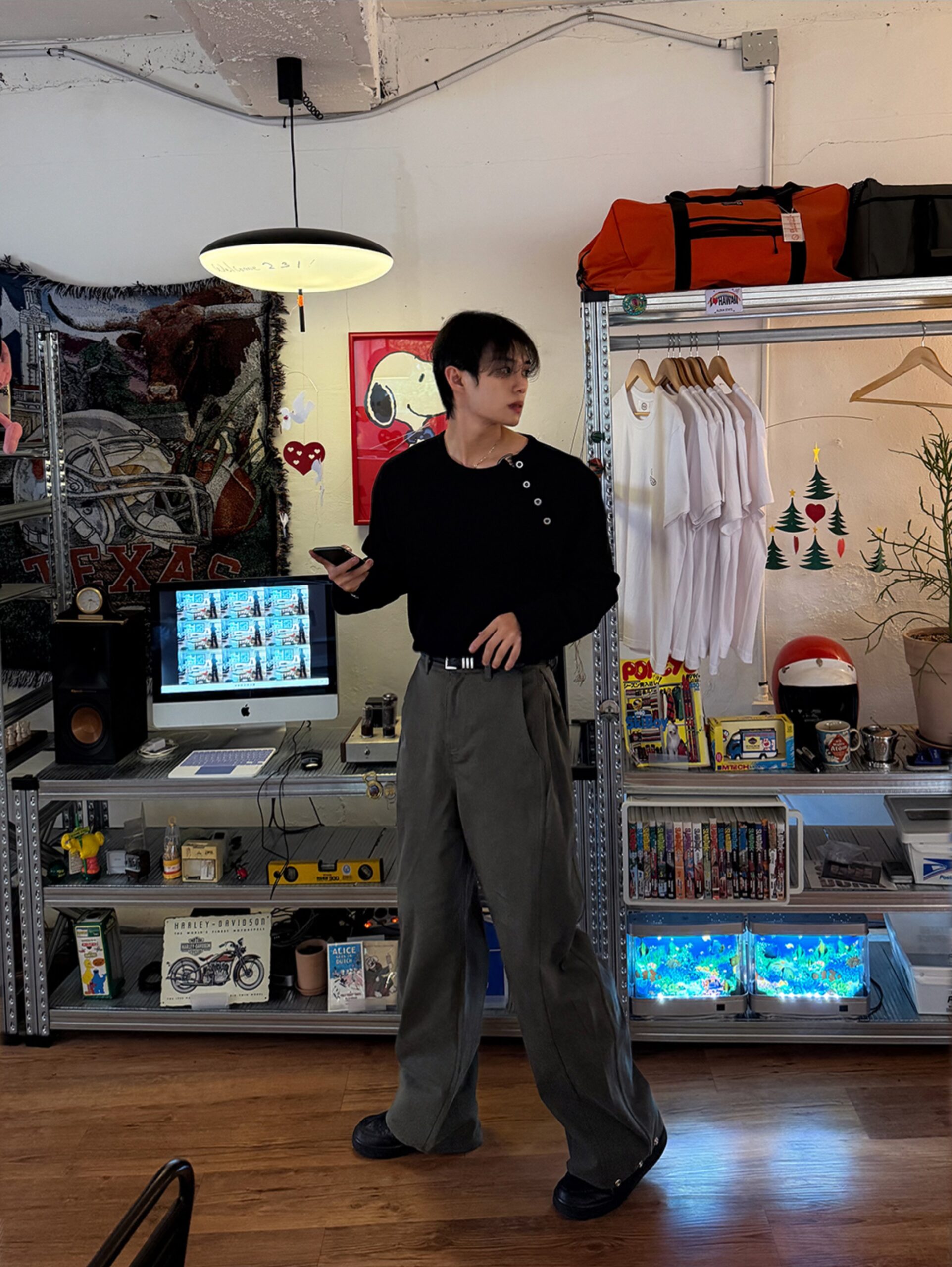 寬松按扣直筒闊腿褲