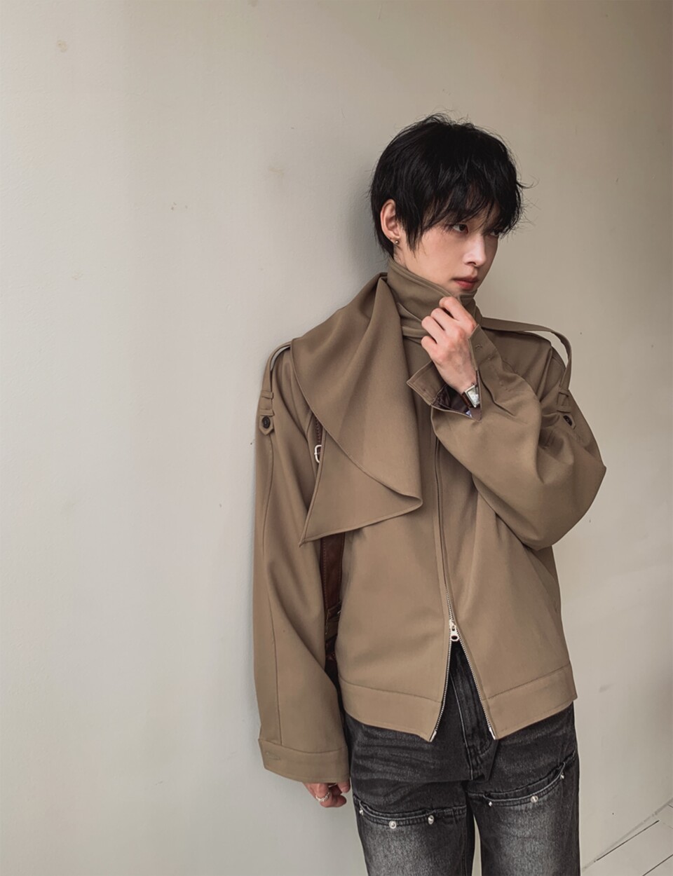 設計師款高領圍巾可拆夾克外套