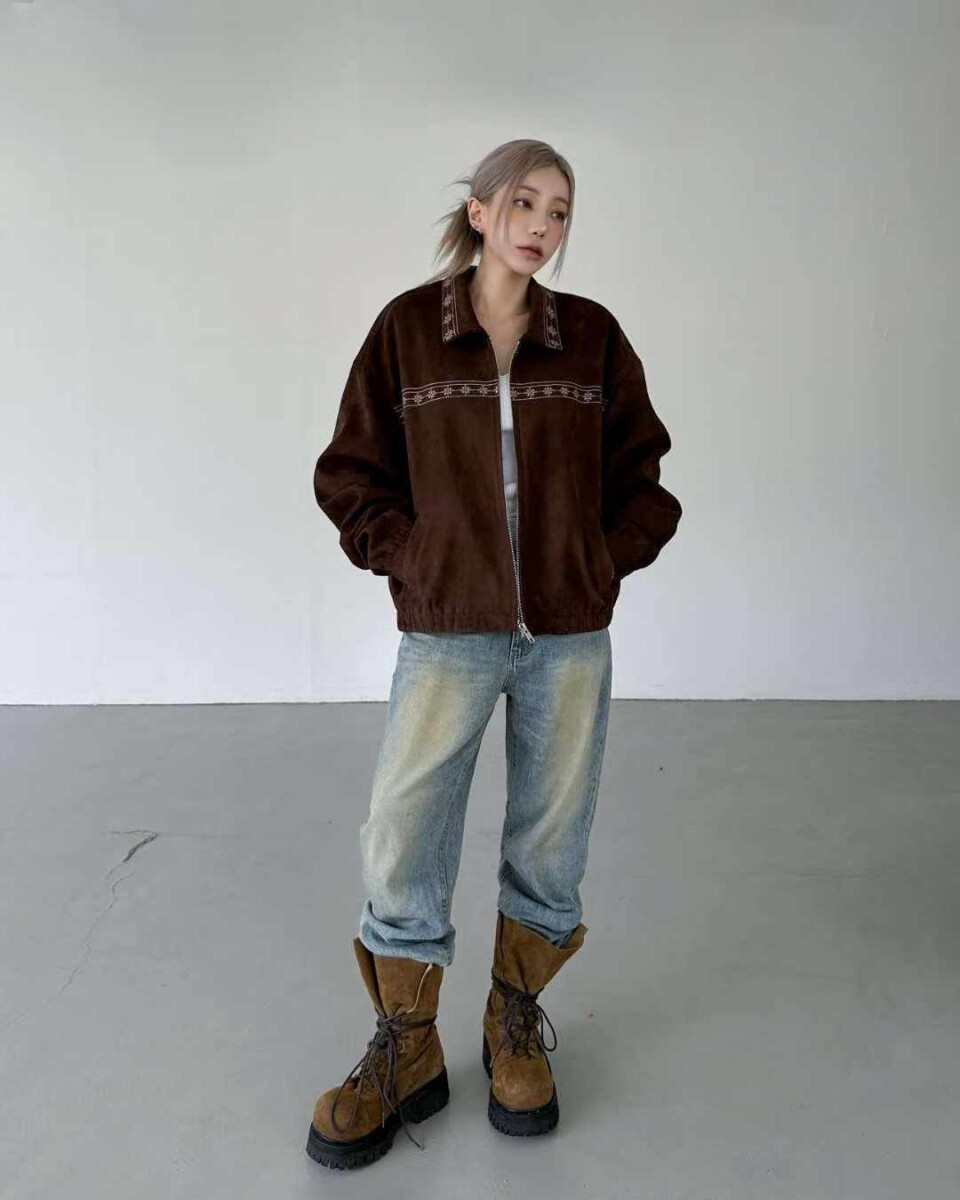 麂皮絨刺繡翻領短款夾克-2