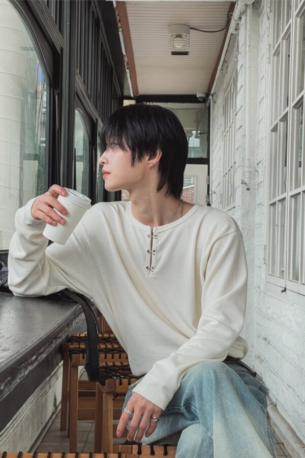 針織掛扣亨利領長袖-1