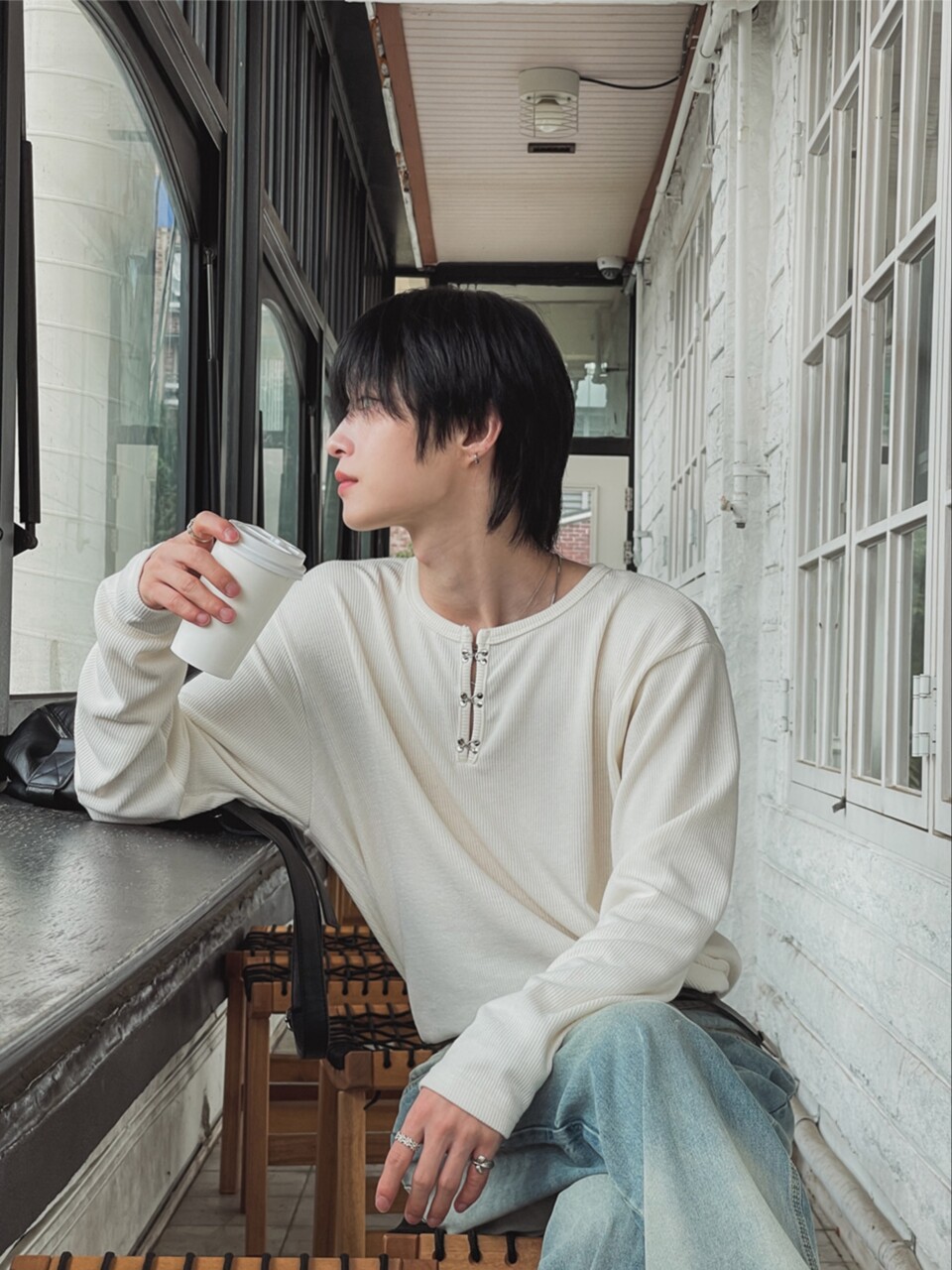 針織掛扣亨利領長袖-1