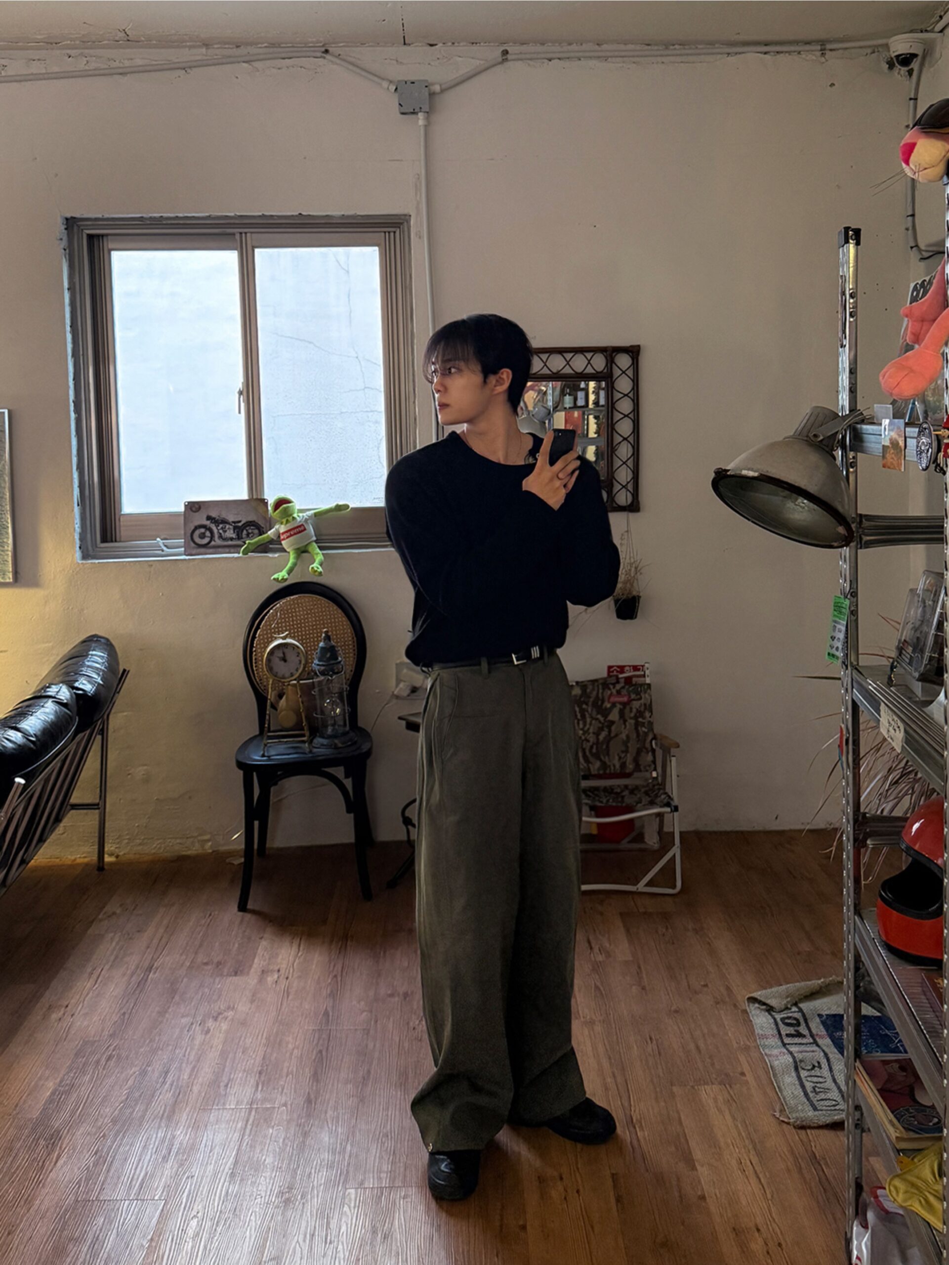 寬松按扣直筒闊腿褲-1