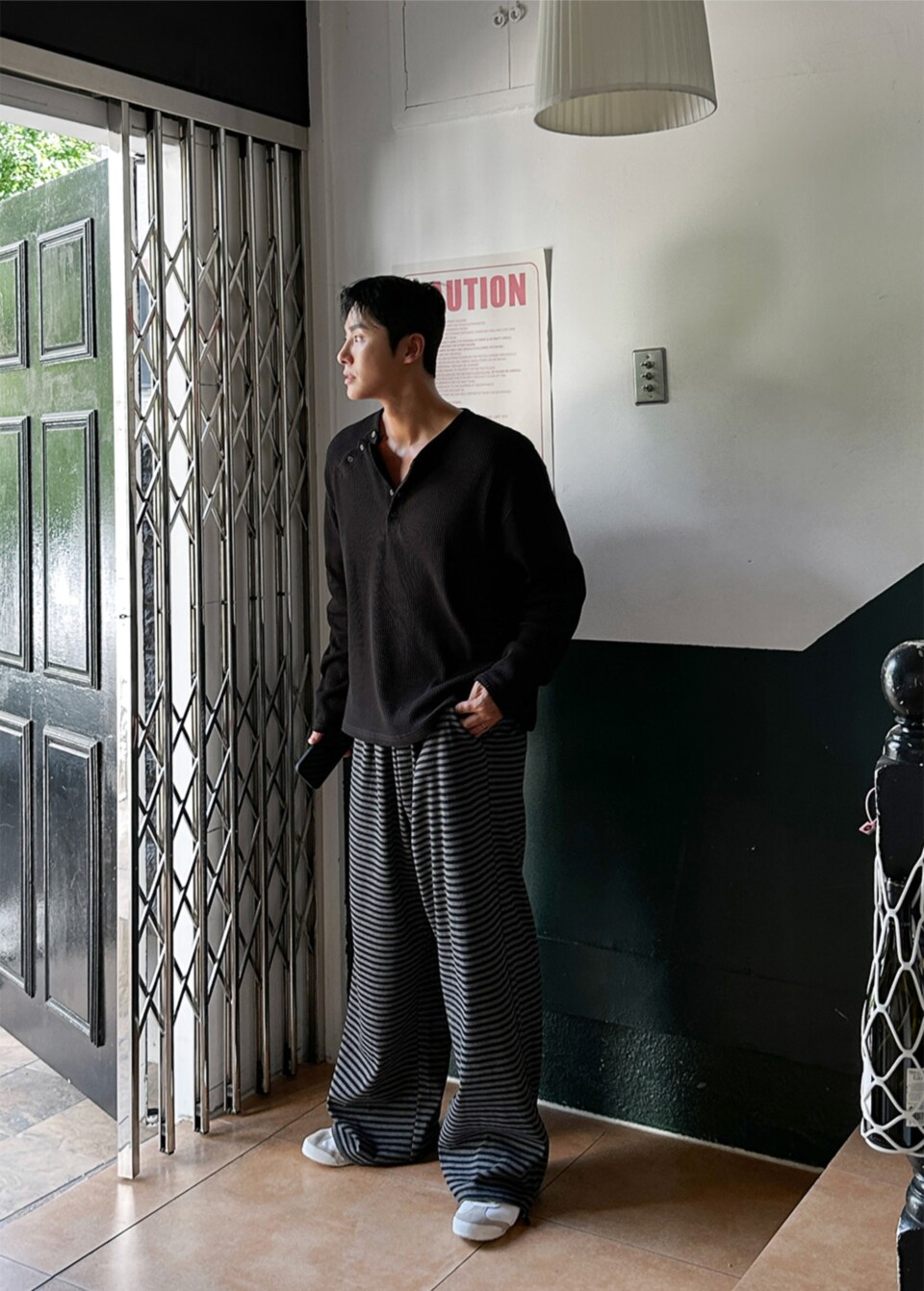 條紋可調節束口休閒褲