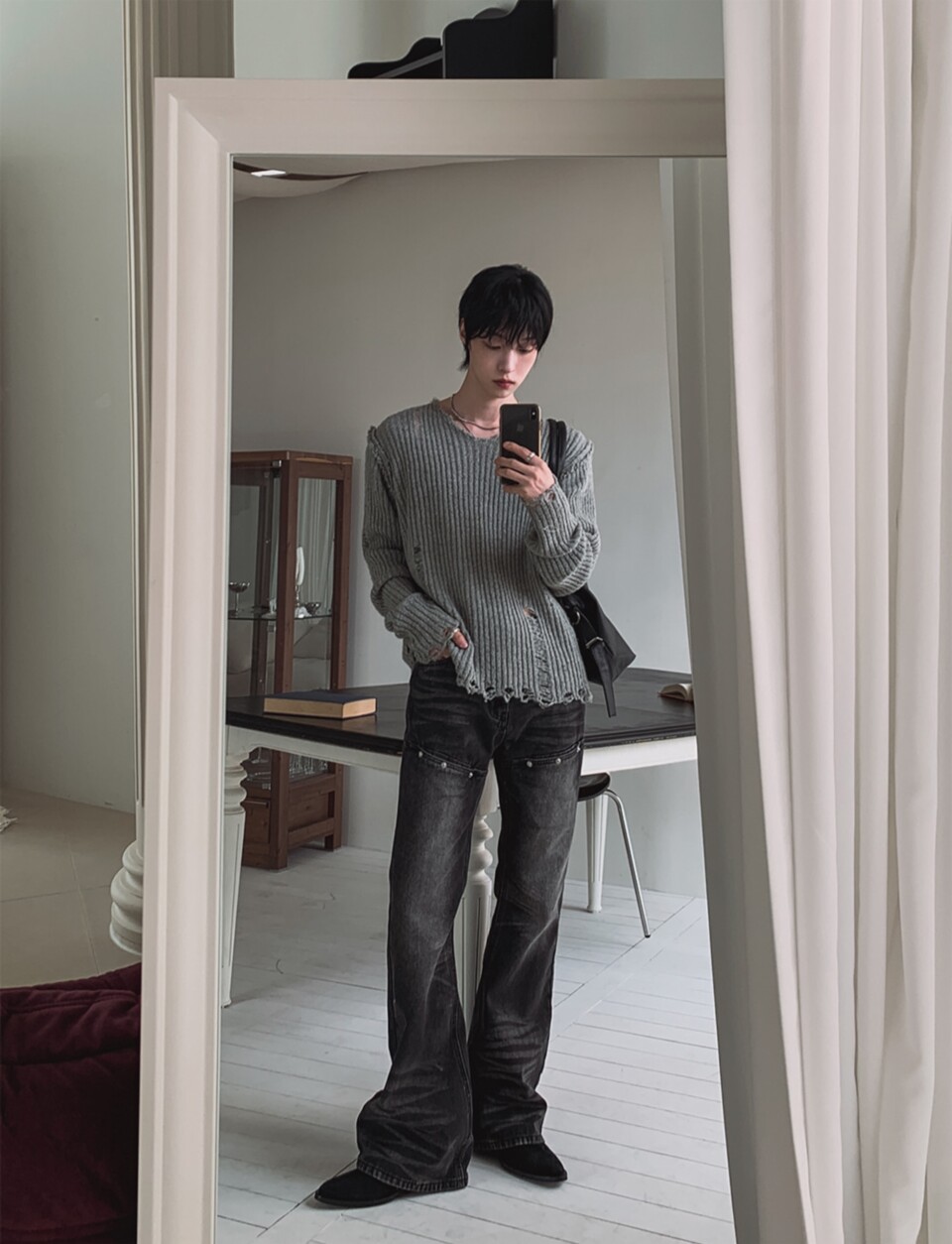 复古铆钉微喇牛仔裤-2