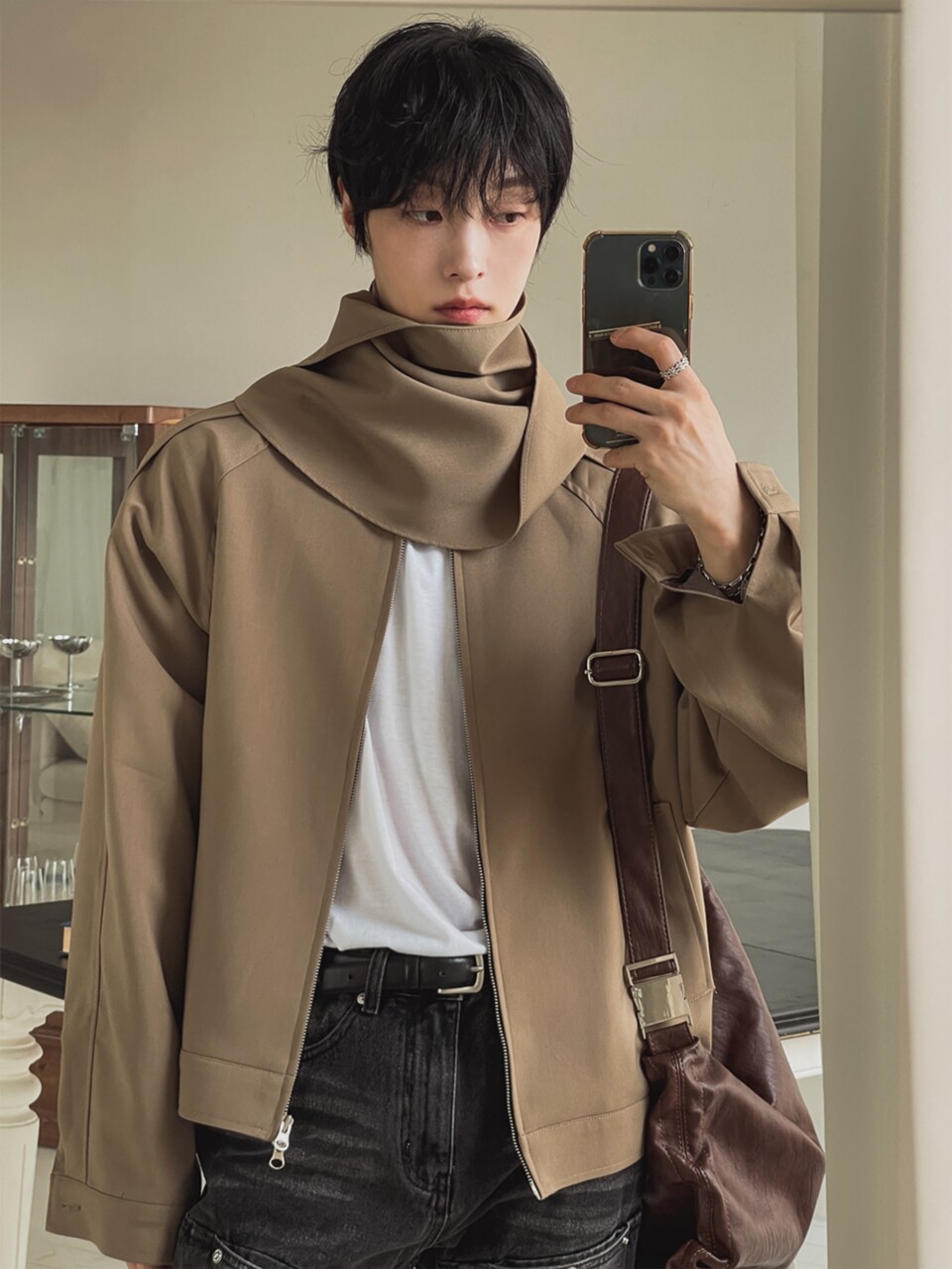 設計師款高領圍巾可拆夾克外套-2