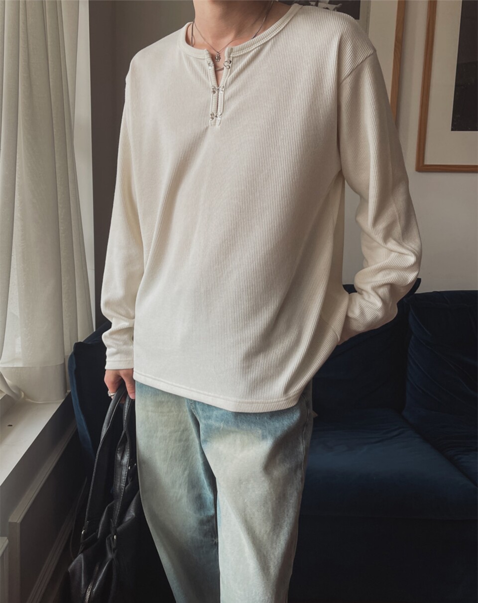 針織掛扣亨利領長袖-3