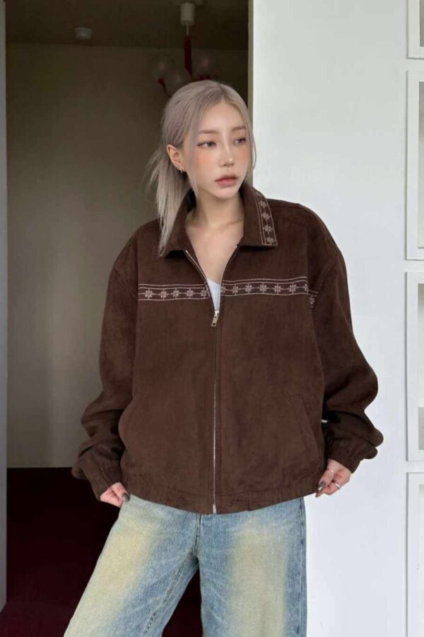麂皮絨刺繡翻領短款夾克-1