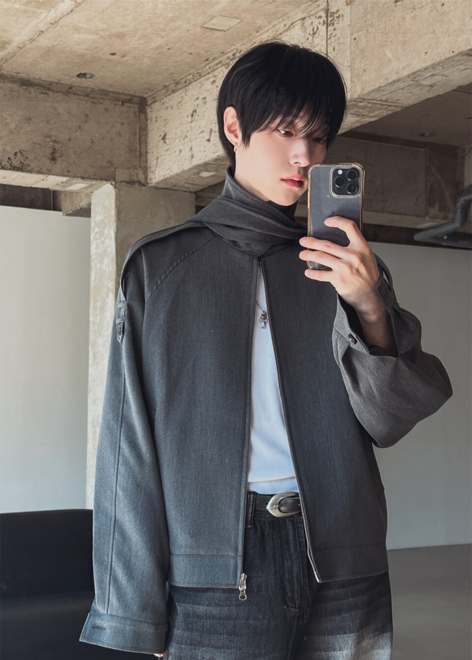 設計師款高領圍巾可拆夾克外套-6