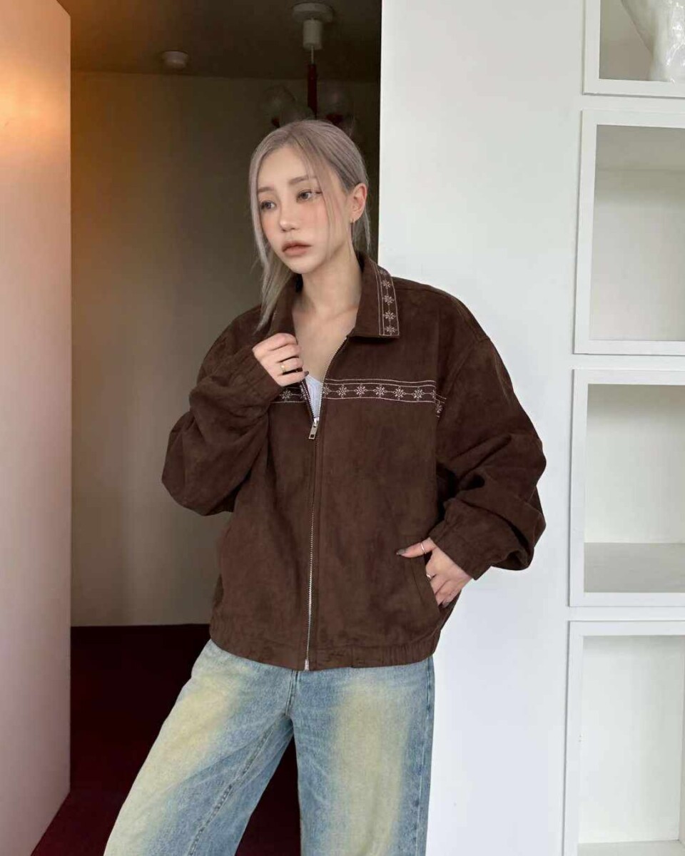 麂皮絨刺繡翻領短款夾克