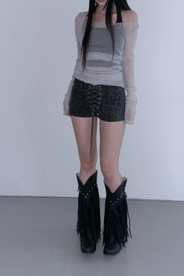 交叉綁帶低腰豹紋短褲-1