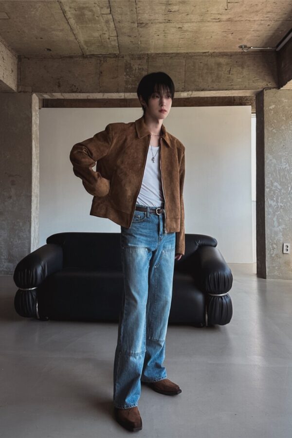 短款袖口拉鍊翻領麂皮絨夾克