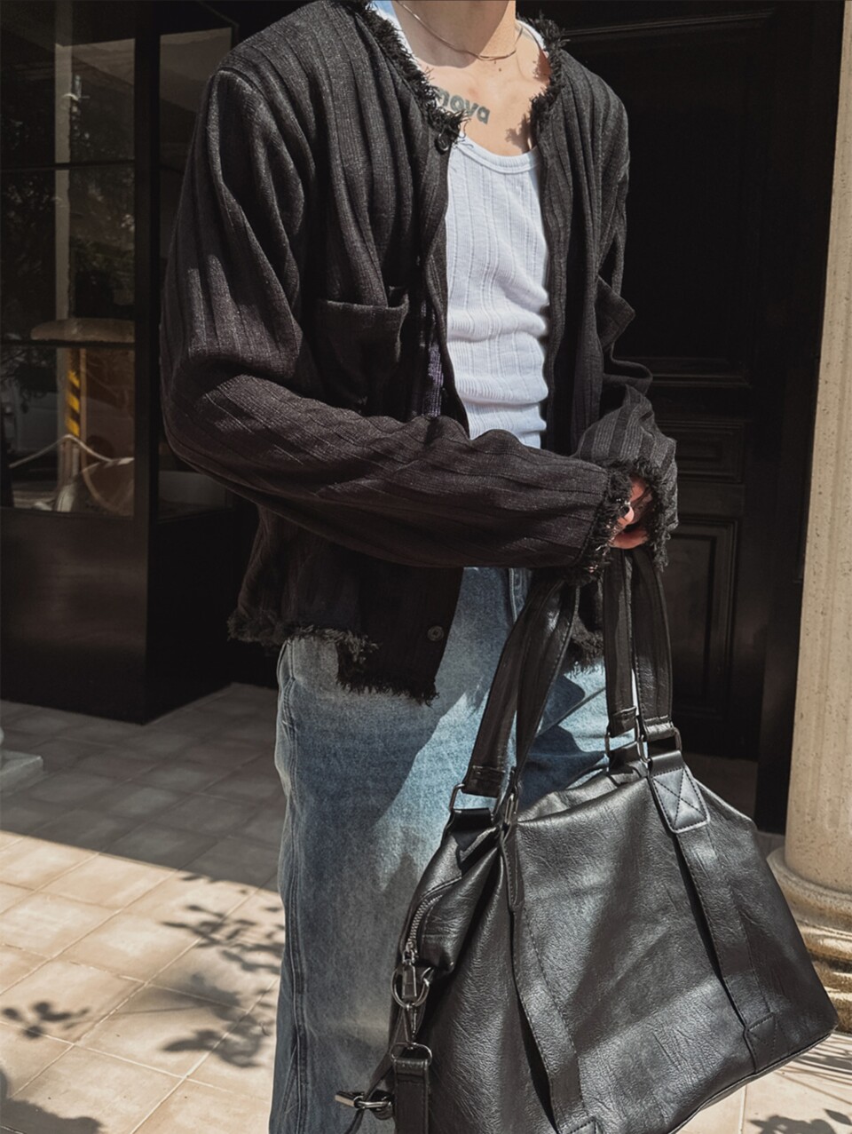 毛邊坑條圓領針織開衫-3