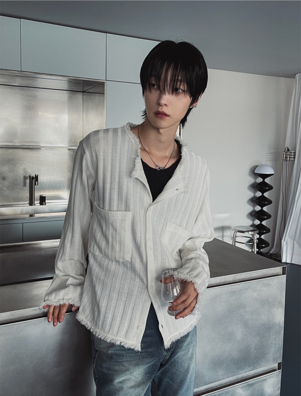 毛邊坑條圓領針織開衫-5