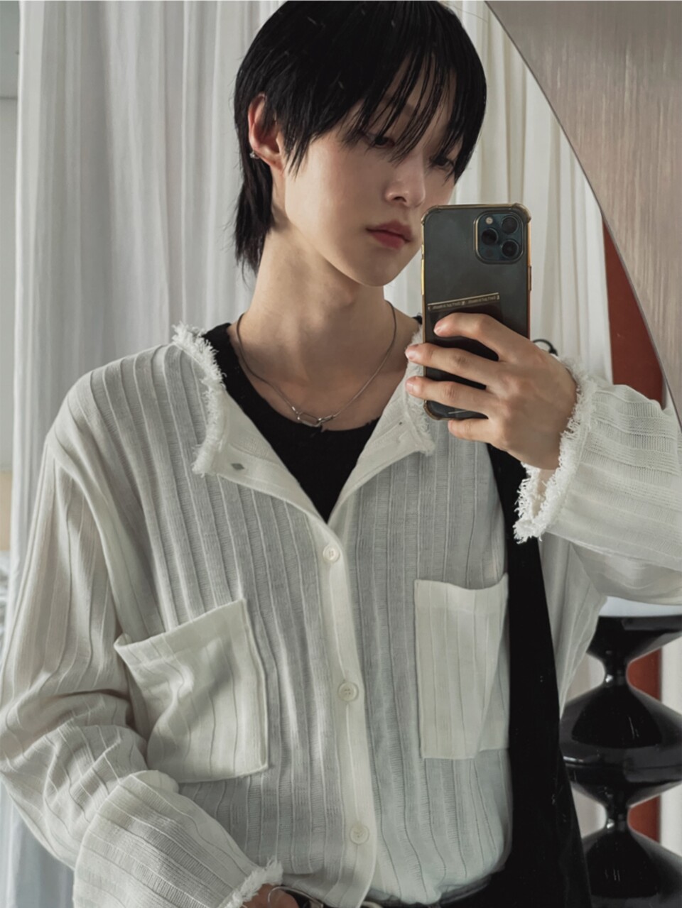 毛邊坑條圓領針織開衫-6