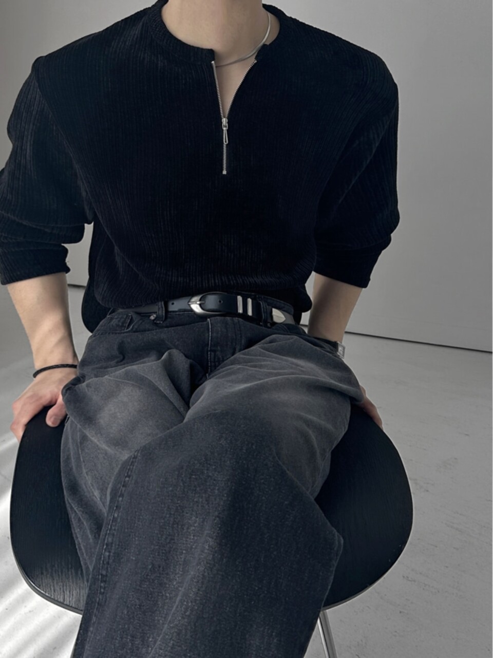 絨布拉鏈亨利領長袖-5