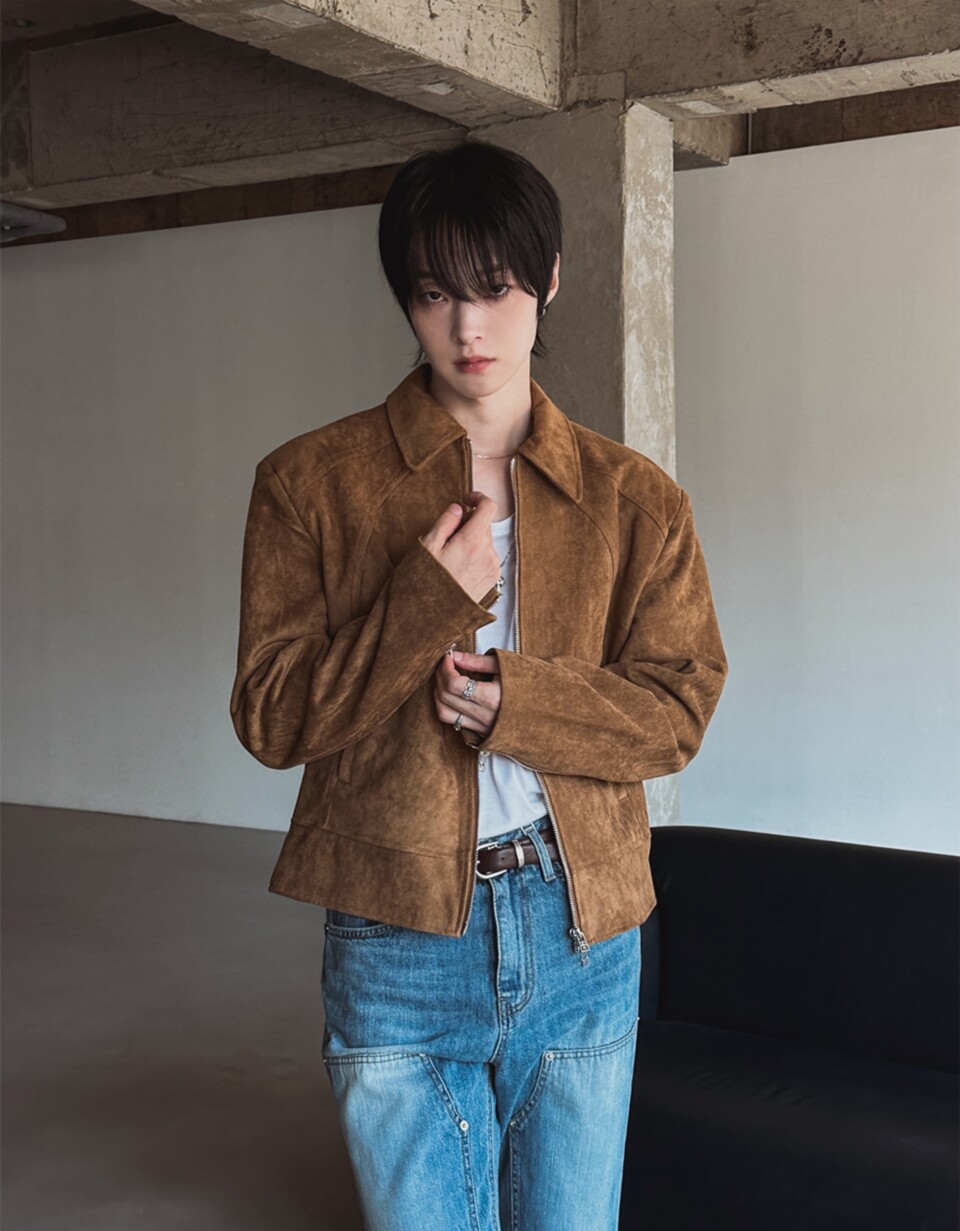 短款袖口拉鍊翻領麂皮絨夾克-2