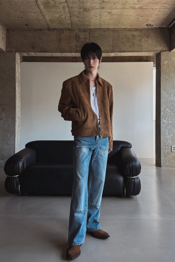 短款袖口拉鍊翻領麂皮絨夾克-1