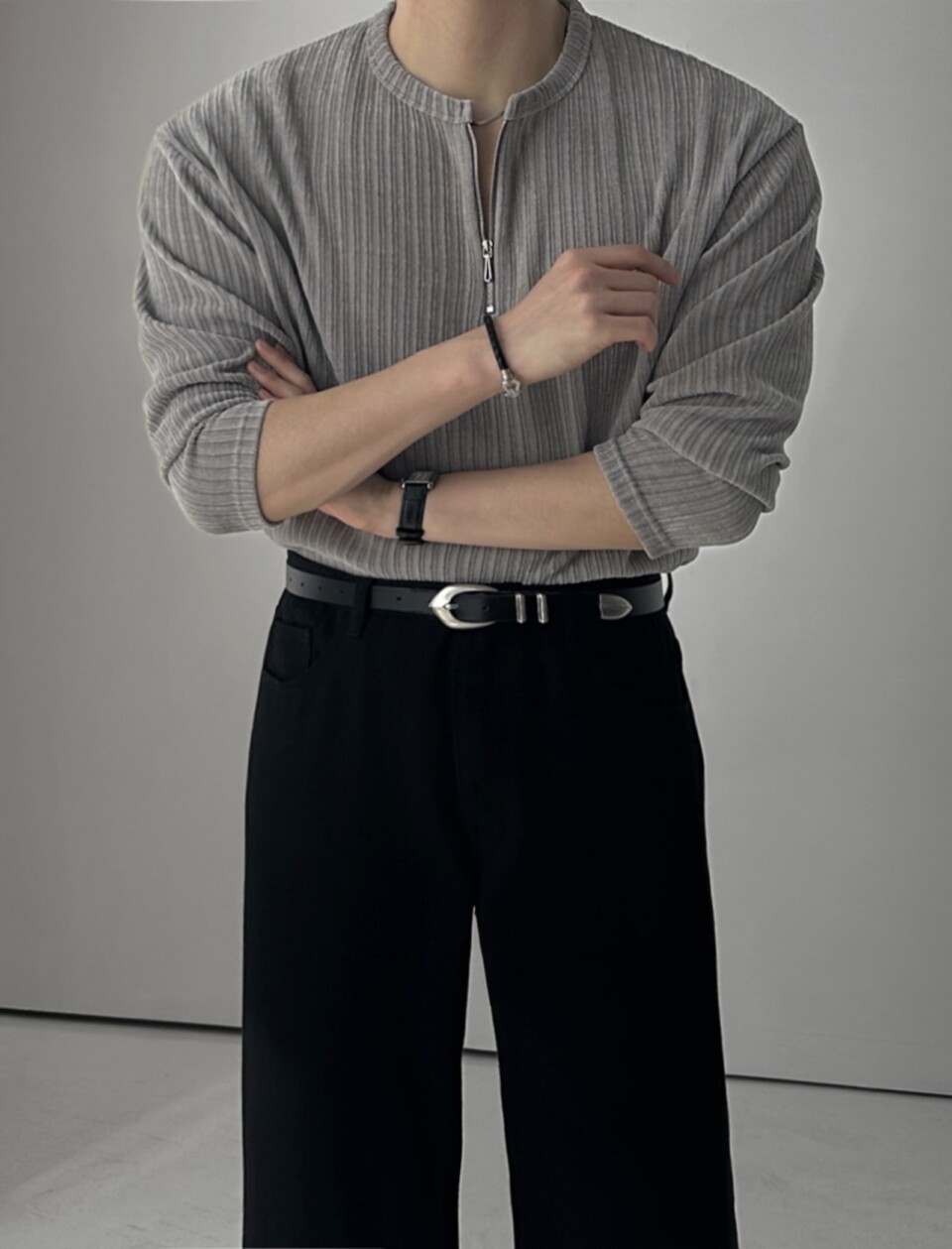 絨布拉鏈亨利領長袖-1