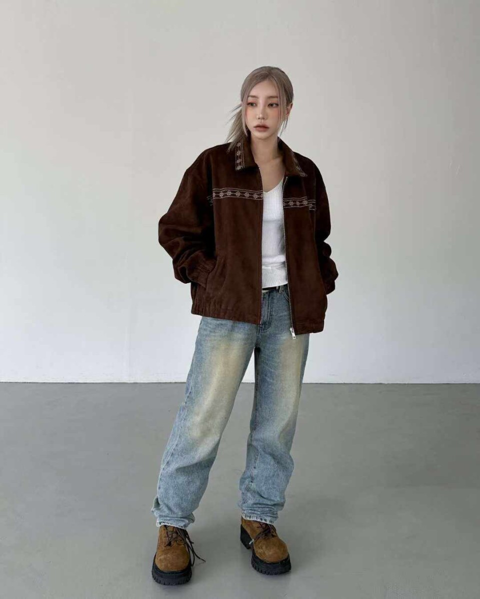 麂皮絨刺繡翻領短款夾克-3