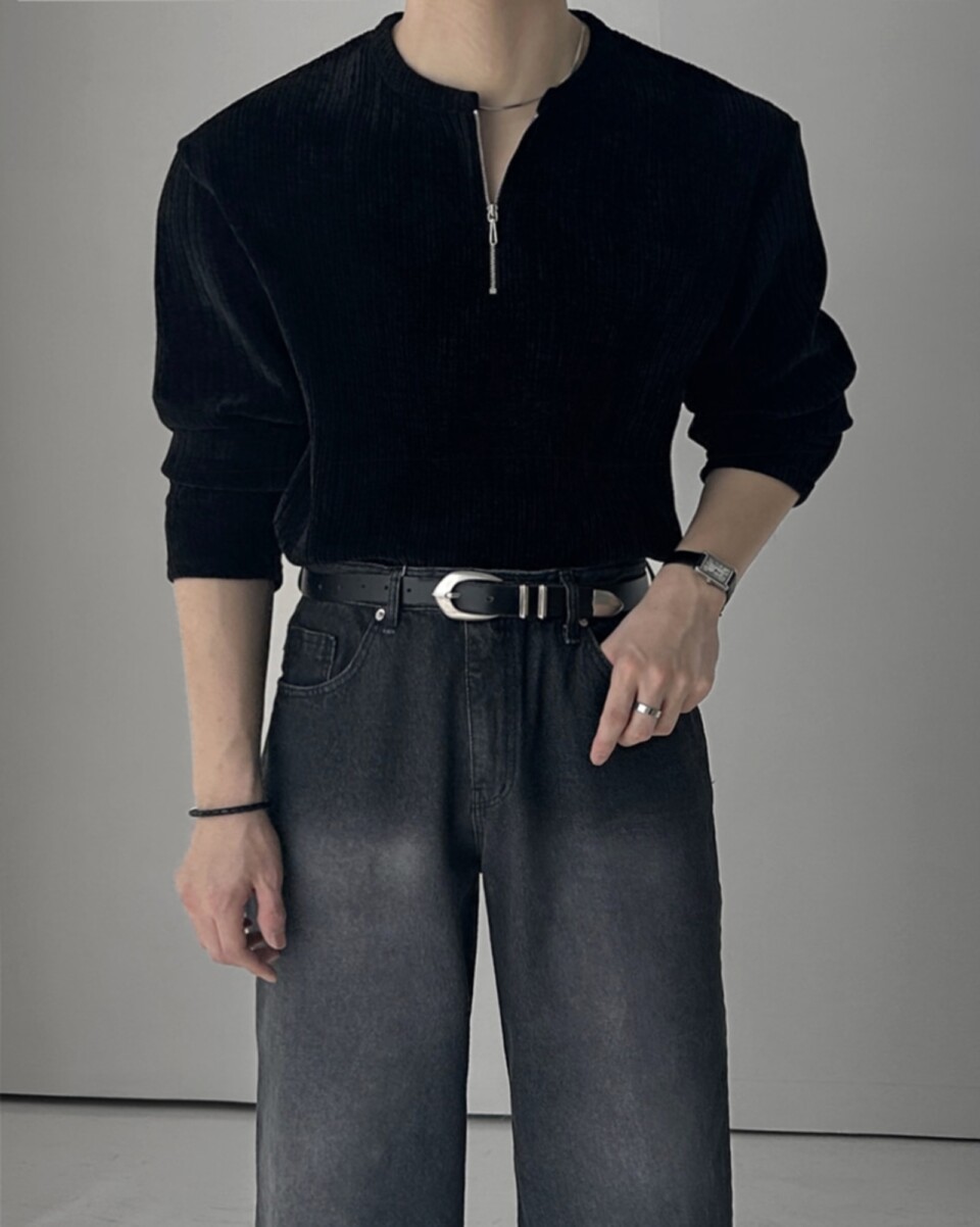 絨布拉鏈亨利領長袖-3