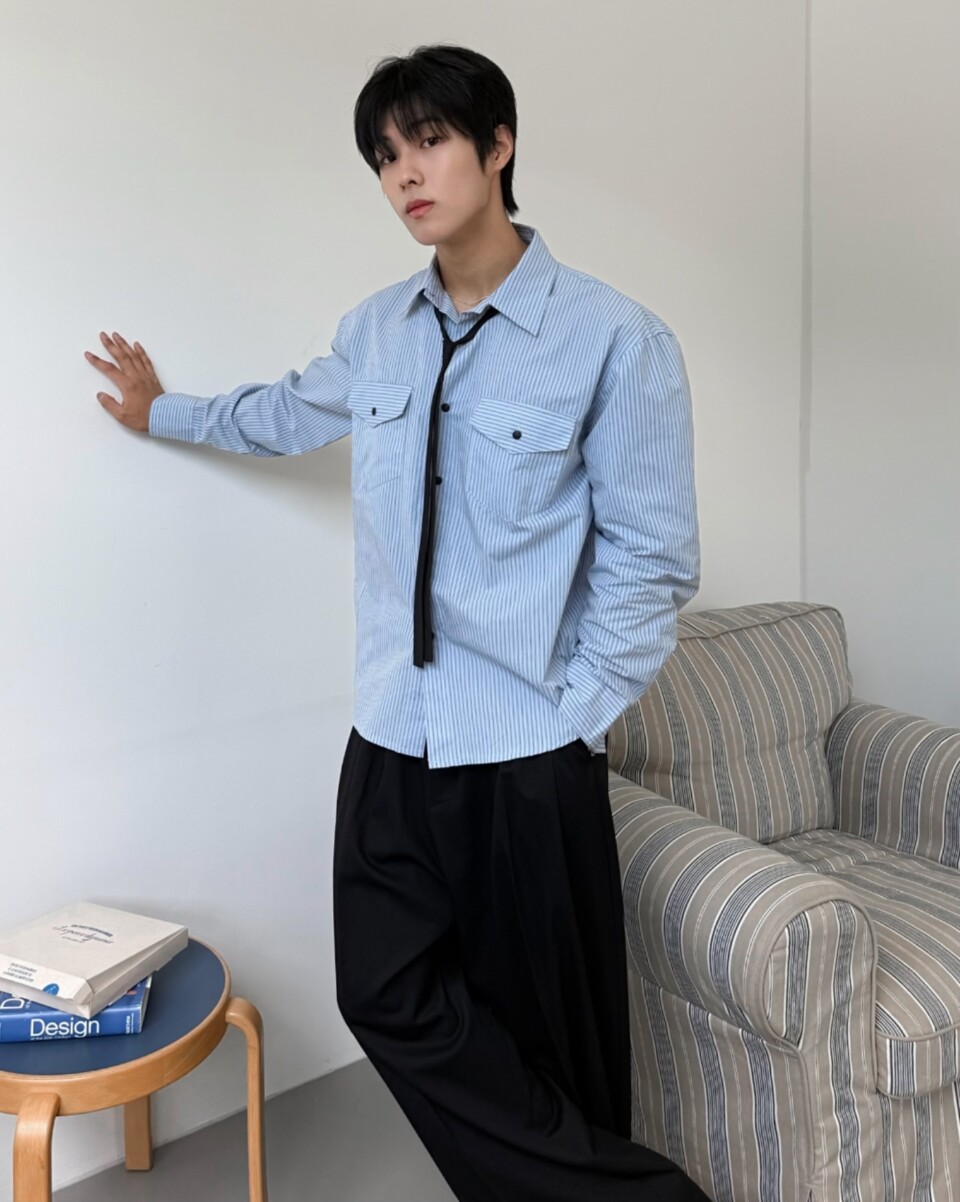 雙口袋條紋襯衫-2