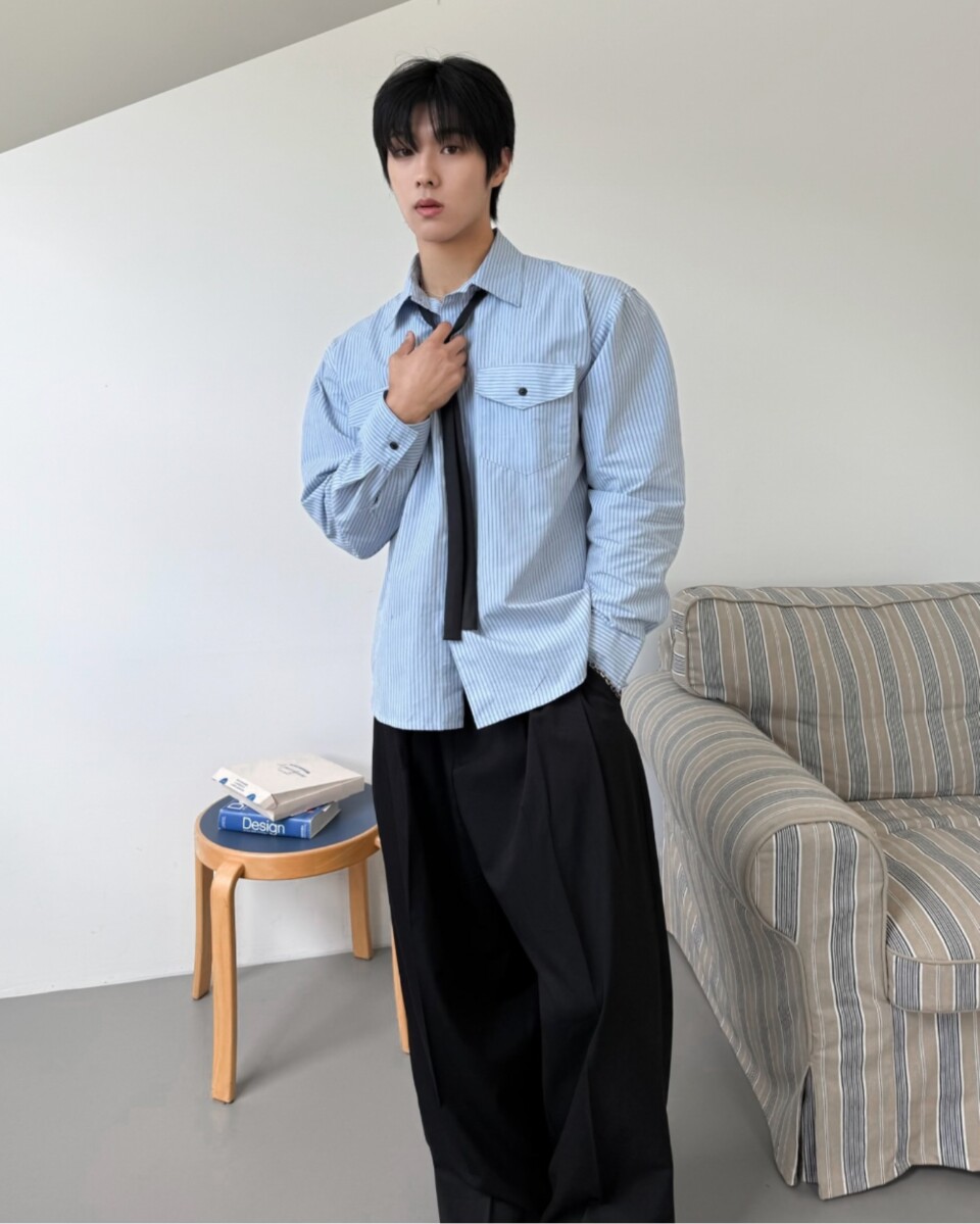 雙口袋條紋襯衫-3