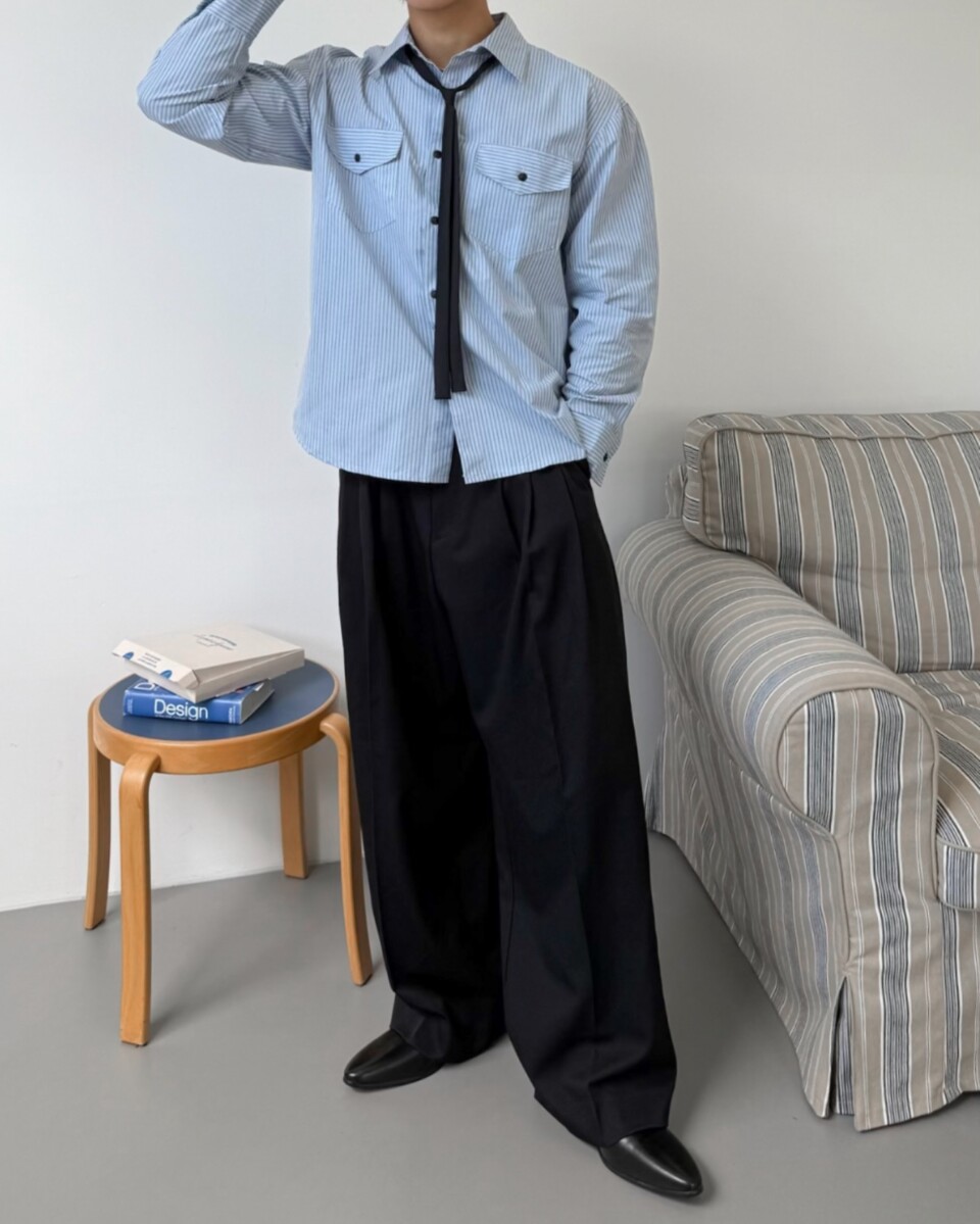 雙口袋條紋襯衫-4