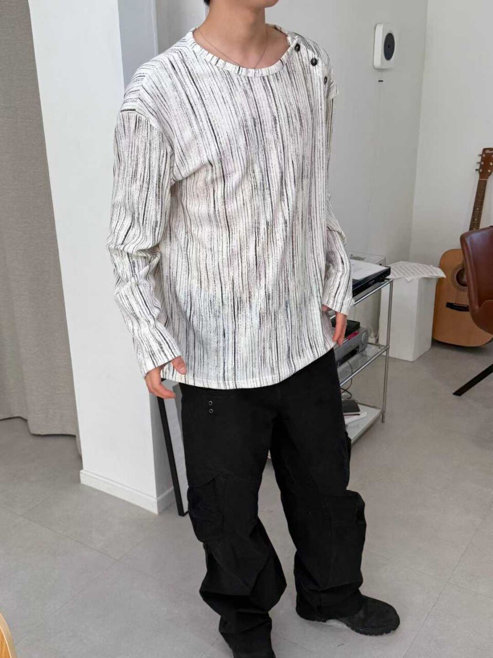 錯位系扣混色條紋寬松T恤:圖片 5