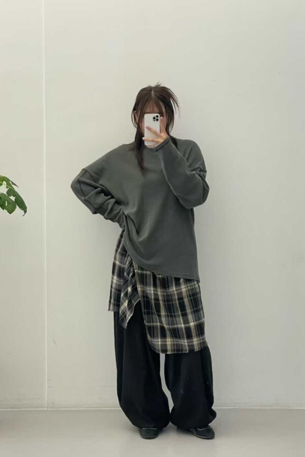 假兩件層次綁帶寛褲