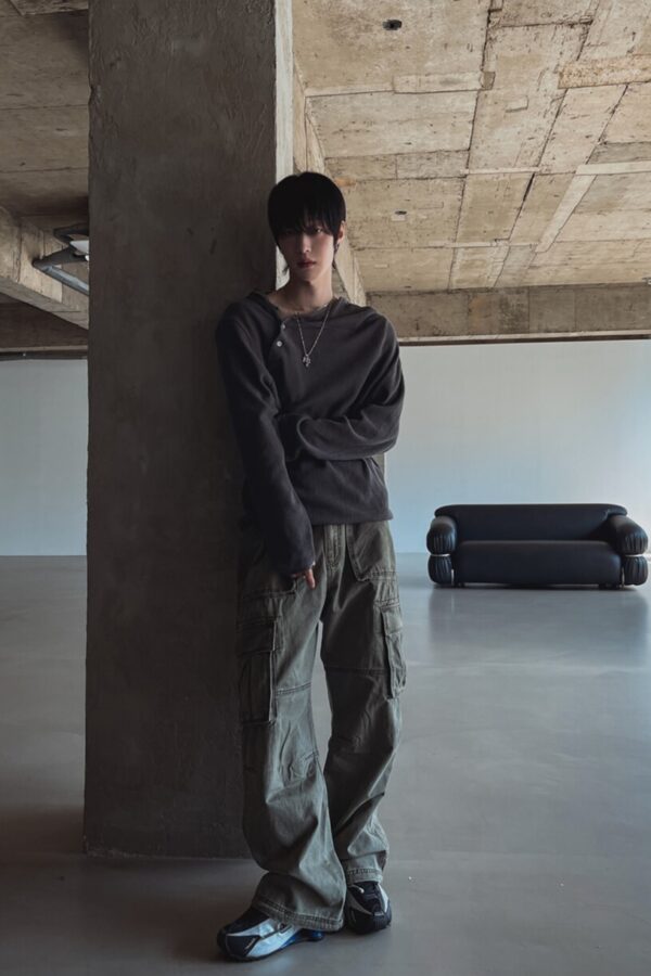 工裝口袋水洗闊腿休閒褲-1