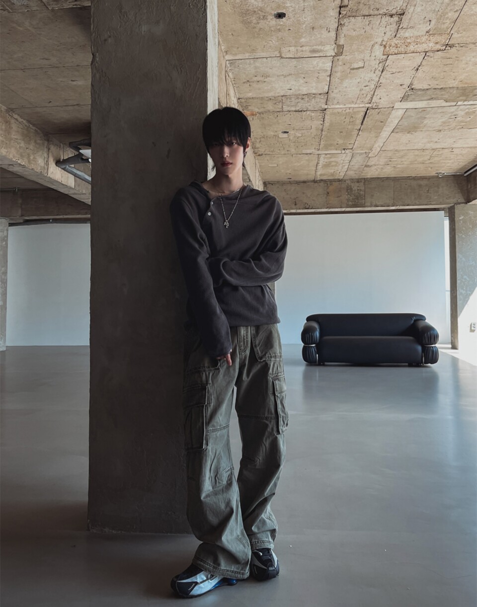 工裝口袋水洗闊腿休閒褲-1