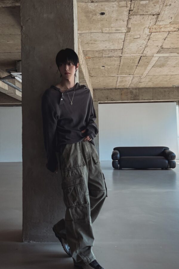 工裝口袋水洗闊腿休閒褲