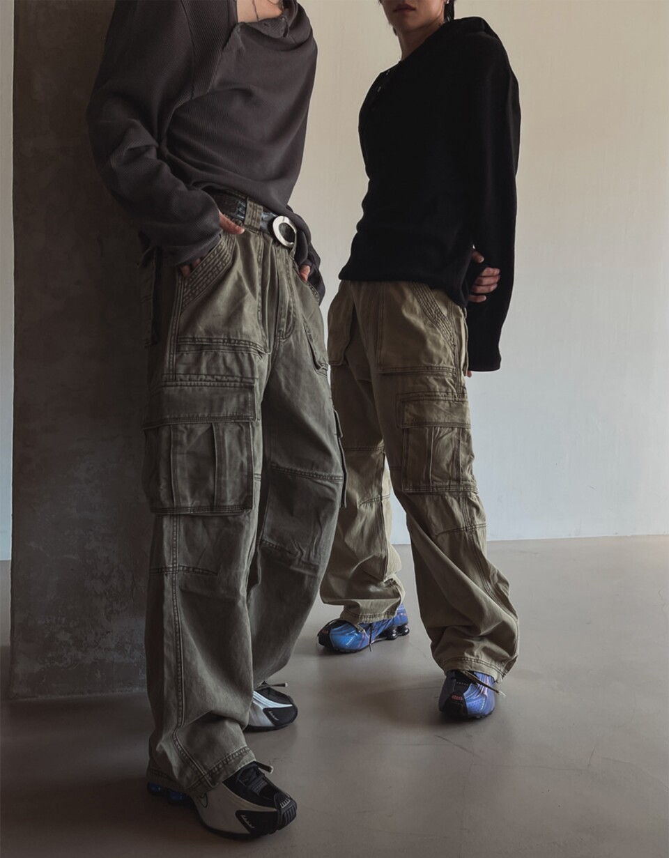 工裝口袋水洗闊腿休閒褲-3